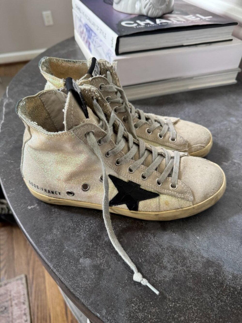 Golden Goose Francy High Top Leather Sneakers White Glitter Black Star 36